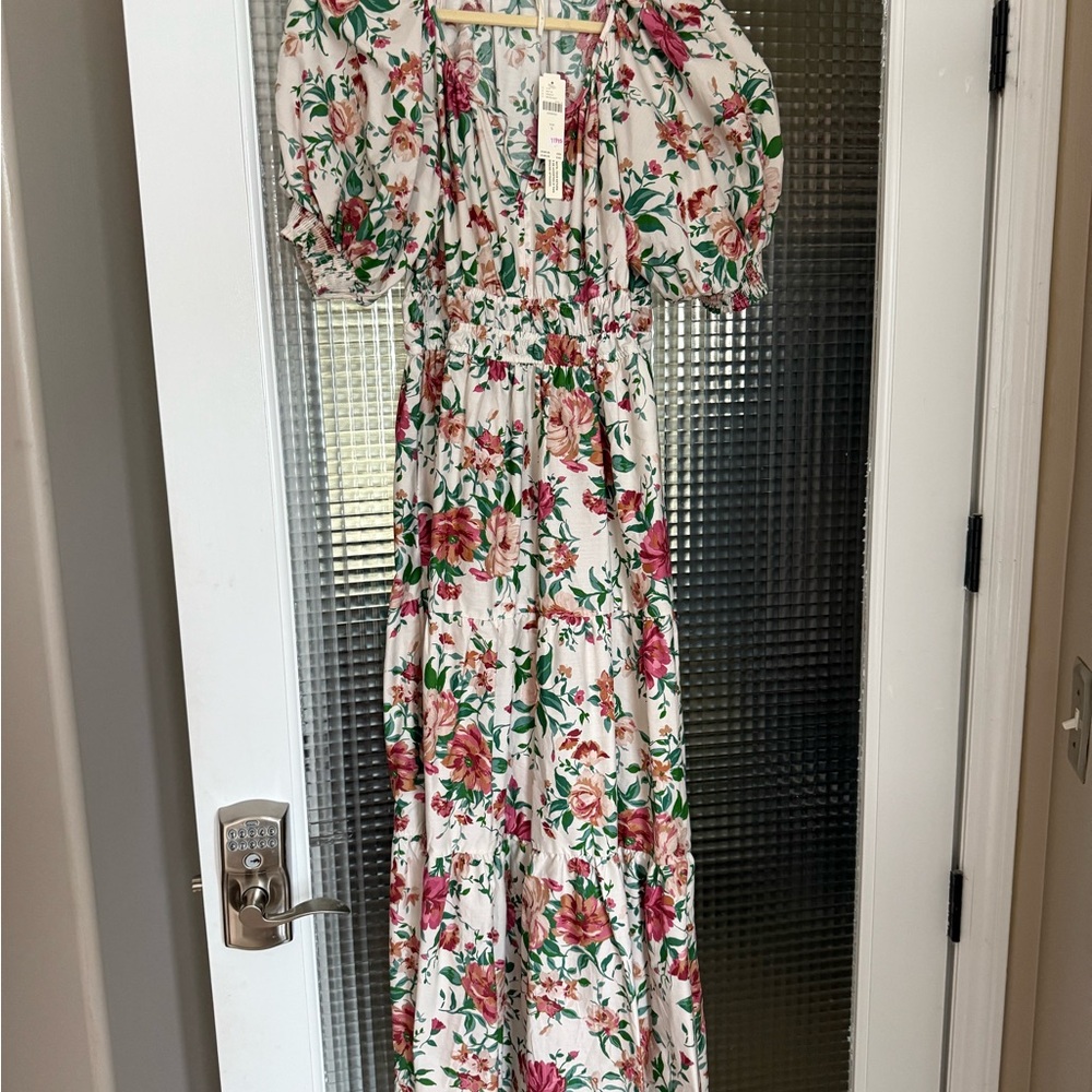 Anthropologie Red Green Puff Sleeve Maxi Dress